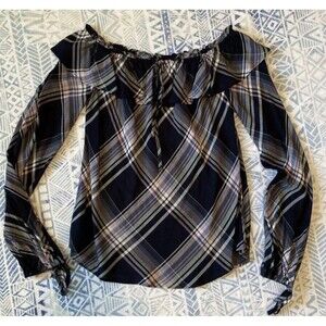 White House Black Market WHBM Plaid Off Shoulder Peasant Blouse Country Medium